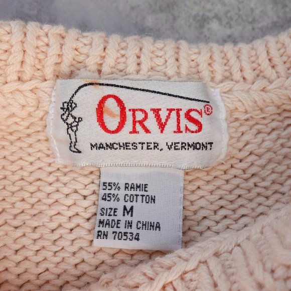 VINTAGE Orvis Sweater Medium Cream Fisherman Cable Knit Floral Grandmacore 90s - Picture 3 of 16
